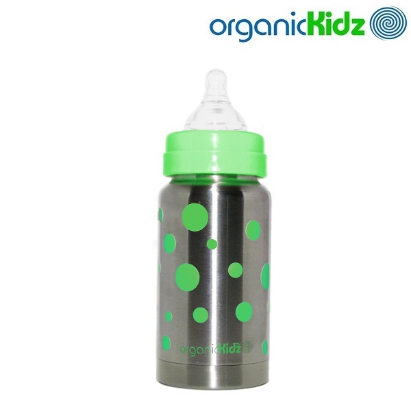 Nappflaska med termosfunktion i rostfritt OrganicKidz Green Dots 200 ml