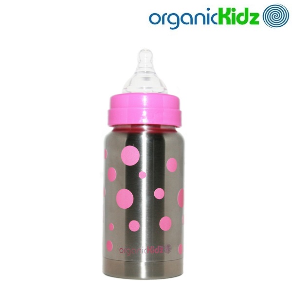 Nappflaska med termosfunktion i rostfritt OrganicKidz Pink Dots 200 ml