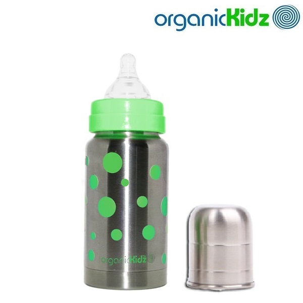 Rostfri nappflaska OrganiKidz Green Dots