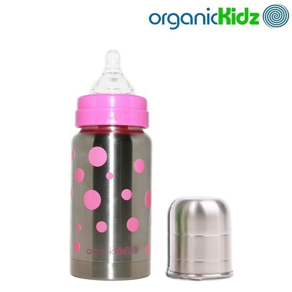 Rostfri nappflaska OrganiKidz Pink Dots